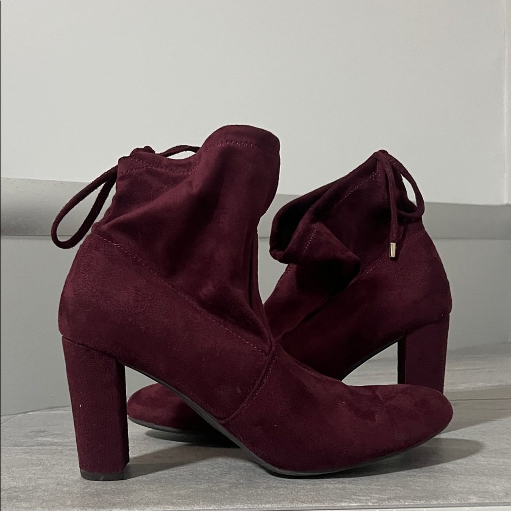new directions Burgundy Suede Ankle Booties with Block Heel